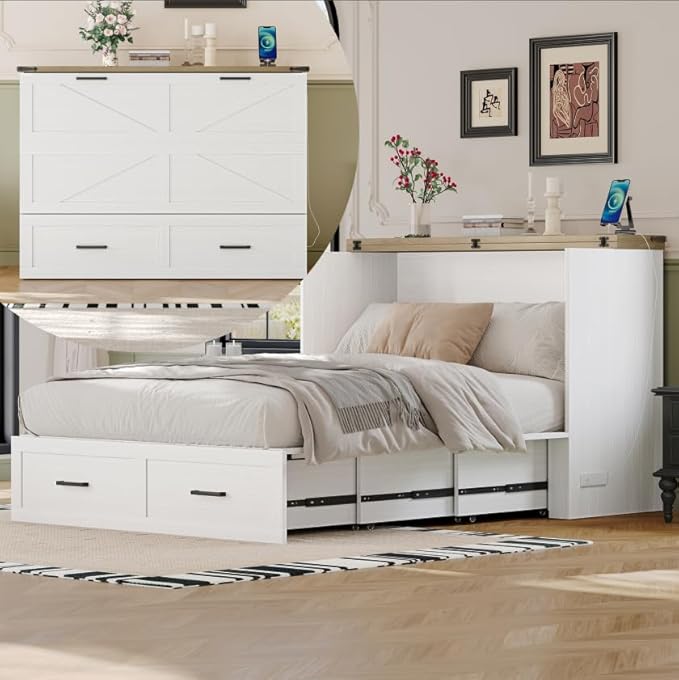 Bellemave Full Size Murphy Bed, Cabinet Bed with Charging Station and Storage, Farmhouse Murphy Cabinet with Foldable Panel, Noisy Free, for Guest Bedroom, Living Room, Office, White