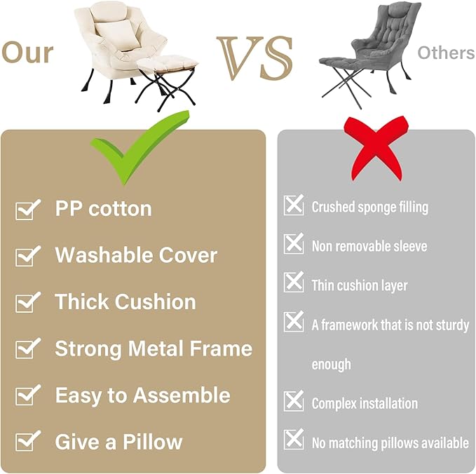 Lvory Lazy Chair with Ottoman, Large Velvet Accent Chair with a Throw Pillow, Comfy Leisure Sofa Chair for Living Room Bedroom Dorm Room Office Apartment Reading Relaxing Use