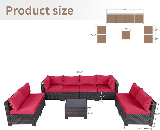 CHABATREE 9 Pieces Outdoor Patio Furniture Sets,Rattan Conversation Sectional Set,Manual Weaving Wicker Patio Sofa with Tea Table
