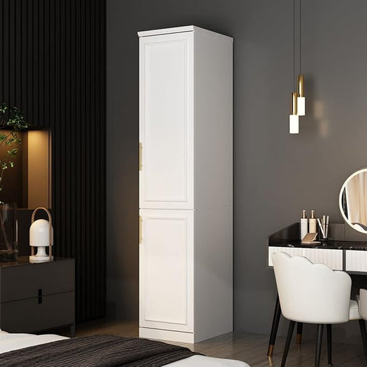 FAMAPY 2 Door Wardrobe Tall and Narrow Armoire Wardrobe with Hanging Rod, Gold Metal Handles, Closet for for Bedroom White (15.7”W x 19.3”D x 74.9”H)