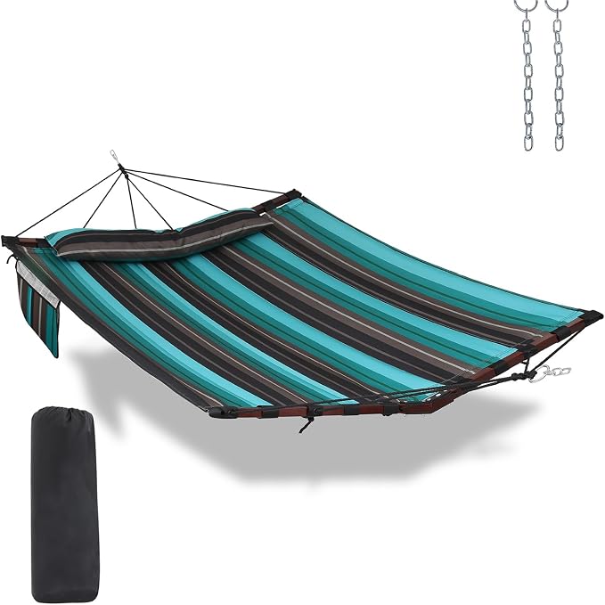 TegerDeger 12FT 2 Person Hammock Large Hammock 450LB Capacity with V Shaped Hardwood Spreader Bar & Nylon Rope for Outside, Patio, Garden, Backyard, Beach, Poolside - Teal Stripes by Tegerdeger
