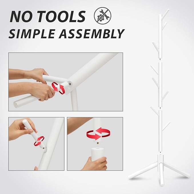 Unisakey Durable Wooden Coat Rack, Freestanding Coat Rack with Stable Triangular Base, 8 Hooks & 3 Adjustable Heights, Simple Assembly for Bedroom, Hallway, Office(New White) - Image 6