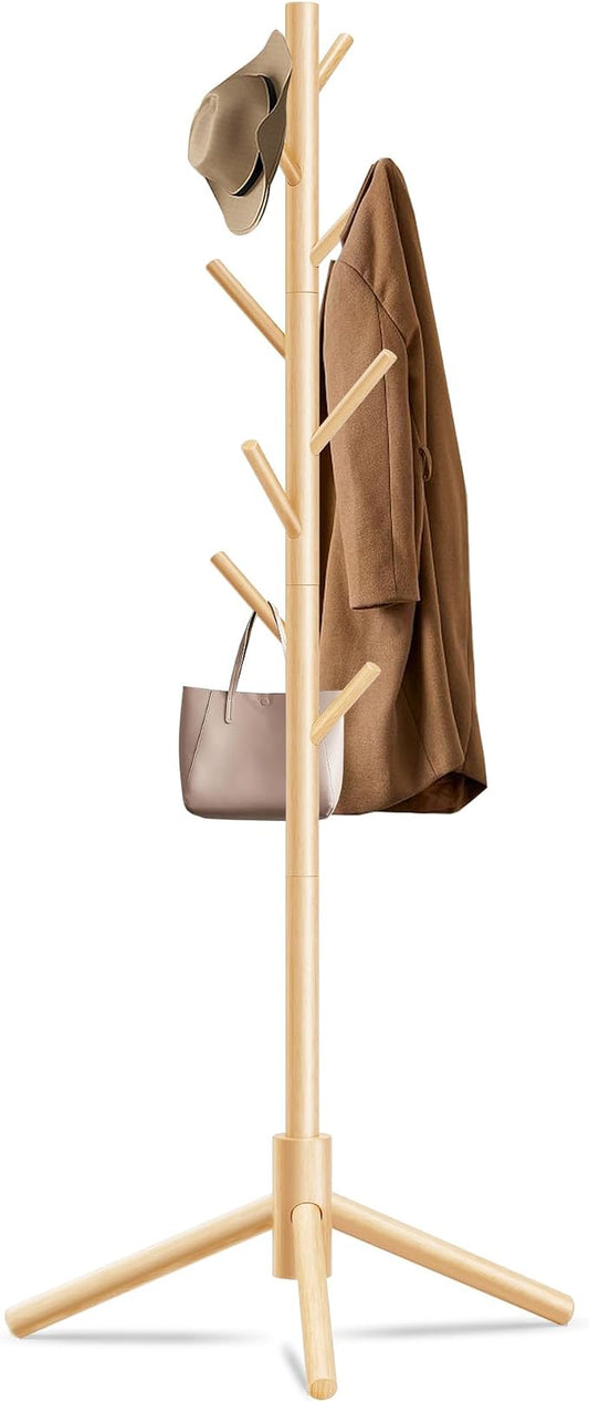 Unisakey Durable Wooden Coat Rack, Freestanding Coat Rack with Stable Triangular Base, 8 Hooks & 3 Adjustable Heights, Simple Assembly for Bedroom, Hallway, Office(New Nature) by Unknown