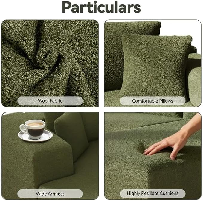 106" Modular Sectional Sofa, Green Wool Cloud Couch with Left Chaise, Deep Seat Boneless Floor Sofa for Living Room, High-Resilience Foam Support, No Assembly Required, Includes Pillows | Sectional Sofa, Corduroy Cloud, Boneless, High-Resilience, No As...