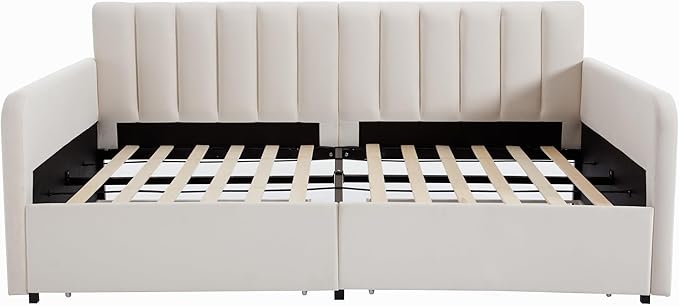 Christopher Knight Home Flora Twin Size Upholstered Daybed with 2 Drawers, Futon Sofa Bed with Storage, Lavish Design Ribbed Tufted Backrest, Couch Bed Frame for Bedroom Living Room, Beige Velvet