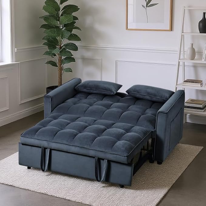 3 in 1 Convertible Sleeper Sofa Bed, Pull Out Couch Loveseat Futon, Adjustable Backrest Velvet Sofa with Pillows and Side Pockets for Living Room Apartment, Modern Black