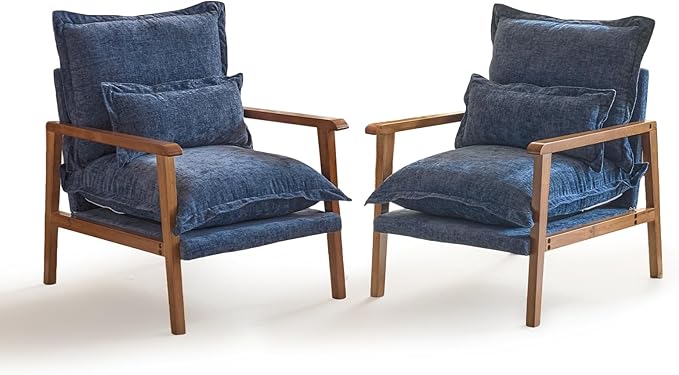 VINGLI Mid-Century Modern Cloud Accent Armchairs set of 2 with Lumbar Pillow, 6.3'' Thick Seat Cushion Reading Chairs with Wooden Armrests, Boho Lounge Chair for Bedroom,Living Room,Chenille,Gray Blue