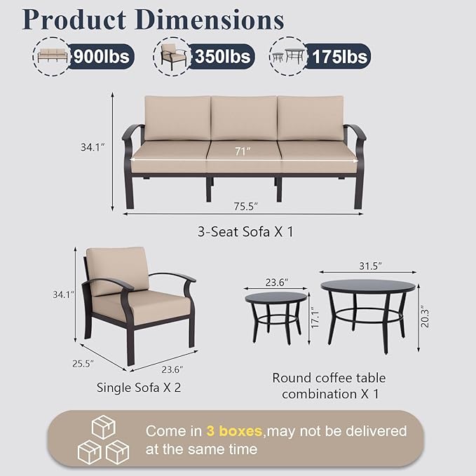 ALAULM Aluminum Patio Furniture Set with Round Coffee Tables, 5-seat Outdoor Sectional Furniture w/5.1" Cushions, Patio Conversation Set for Porch, Backyard, Poolside-Sand