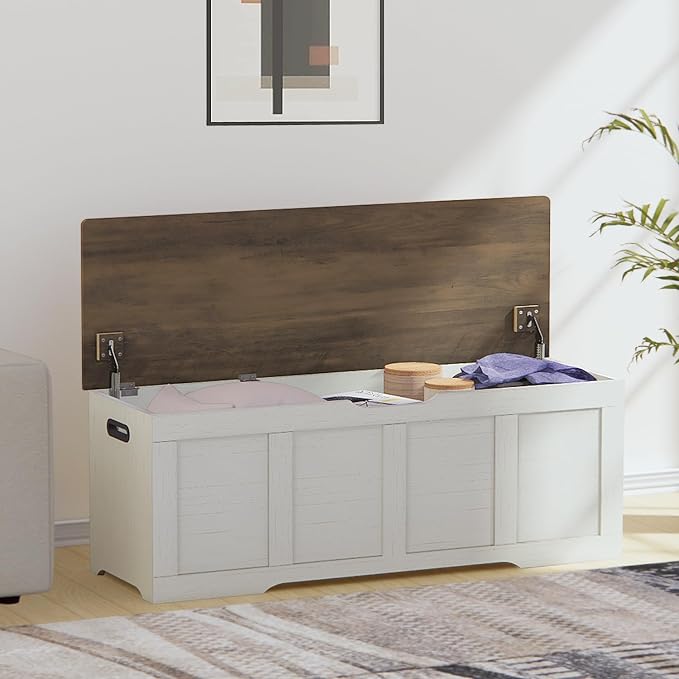 Timberer 47.2" Storage Chest, Extra Large Storage Trunk with 2 Safety Hinges, Wooden Storage Bench, Shoe Bench, Entryway Bench for Living Room, Bedroom, Brown and Rustic White - Image 7