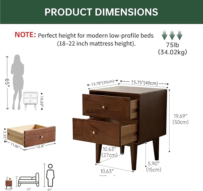 100% Solid Oak Wood Night Stand Set 2, Walnut Nightstand with 2 Drawers, Mid Century Modern Nightstands, Small Bedside Table for Bedroom(19.69" H) - Image 2