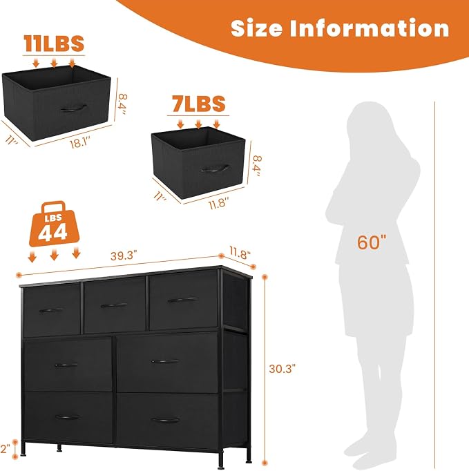 Sweetcrispy 7 Drawer Dresser Storage Organizer with Fabric Bins, Sturdy Steel Frame and Wood Top, Easy Pull Handles, for Bedroom Closet Hallway Entryway,Black - Image 3