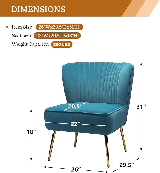 HULALA HOME Velvet Accent Chair, Modern Upholstered Cute Side Chair with Gold Metal Legs, Armless Wingback Slipper Chair Comfy Living Room Chair for Bedroom Guest Room Vanity, Blue