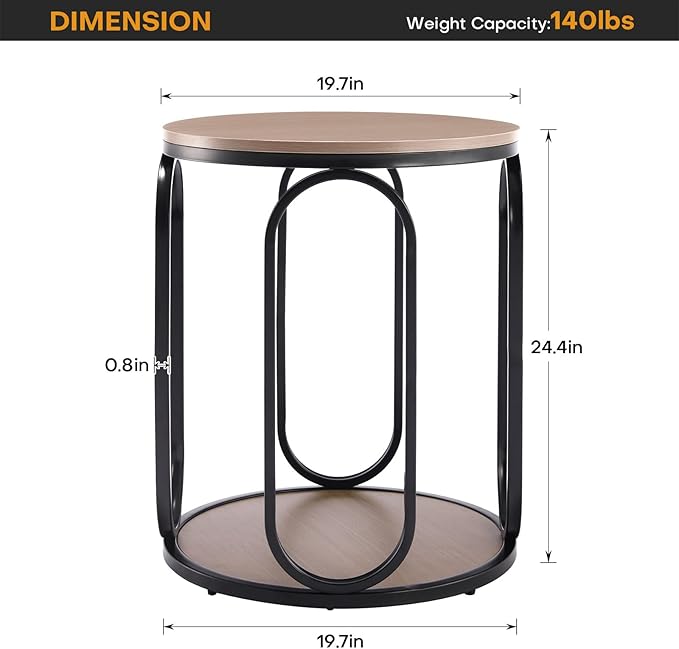 BECHAEO Small Side Table, 19.7" 2-Tier Round Bedside Table with Storage, Wood Industrial Design End Tables for Living Room, Bedroom, Office, Bathroom, Cream Brown