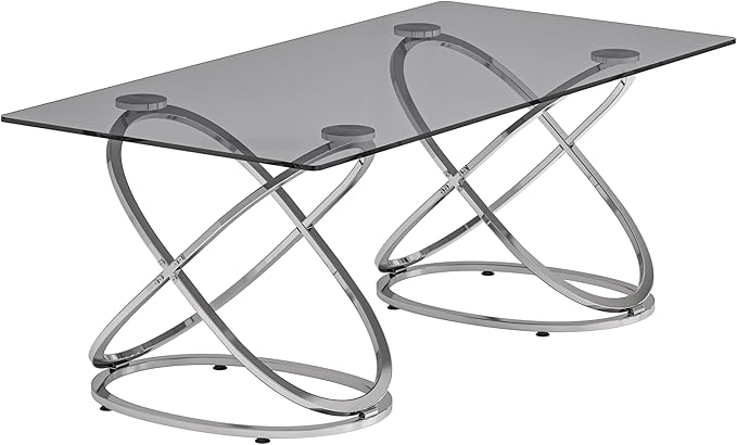 47" Rectangle Coffee Table with Tempered Glass Tabletop, Modern Chrome Ring Base, Gray, Luxury Living Room Center Table