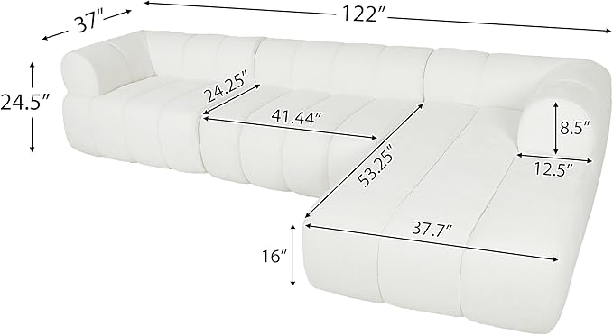 Christopher Knight Home Mania 122" Modular L-Shape Sofa Couch with Chaise Lounge, Modern Sectional Sofa Set for Living Room, Boucle Fabric Upholstered Cloud Couch with Deep Seat, Milky White