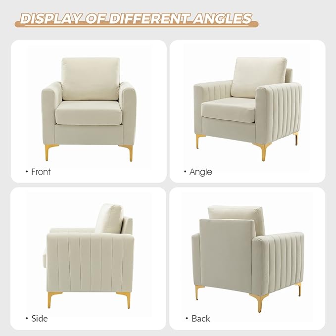 HULALA HOME Velvet Accent Club Chair, Modern Velvet Armchair Upholstered Accent Club Sofa Chair with Gold Metal Legs Mid-Century Barrel Leisure Comfy Reading Armchair, Ivory