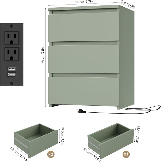 FOTOSOK Nightstand, 26" H Night Stand with Charging Station, Nightstand with USB Ports & Power Outlets, Silent Slides, Wooden End Side Table Bedside Table with 3 Drawers for Bedroom, Green - Image 3