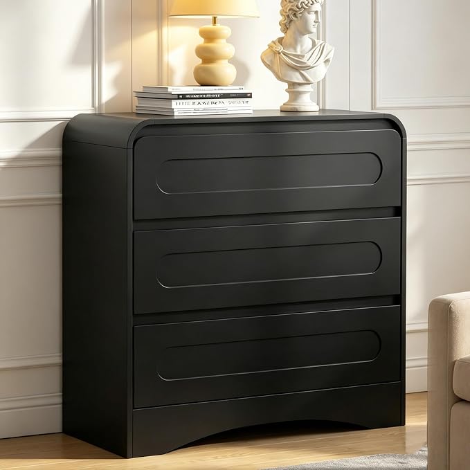 32" Large Night Stand, 3 Drawer Nightstand with Spacious Drawers, Pre-Installed Slides, Wood Bedside Table, Modern End Table, Curved Nightstand for Bedroom Sofa Couch Office, Black by SOLACEFURNITURE