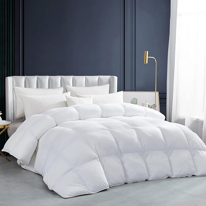 Luxurious White Solid Heavy Weight, Oversize Queen Goose Feathers Down Comforter for Winter Weather Duvet Insert, Premium Baffle Box, 100% Egyptian Cotton Cover, 70 oz. Fill Weight