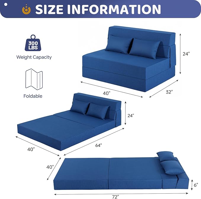 Folding Sofa Bed, Foldable Sleeper Chair with Pillow, Convertible Fold Out Chair Bed with Washable Cover, Foldable Mattress for Living Room, Bedroom, Guest Room, Standard Size, Blue
