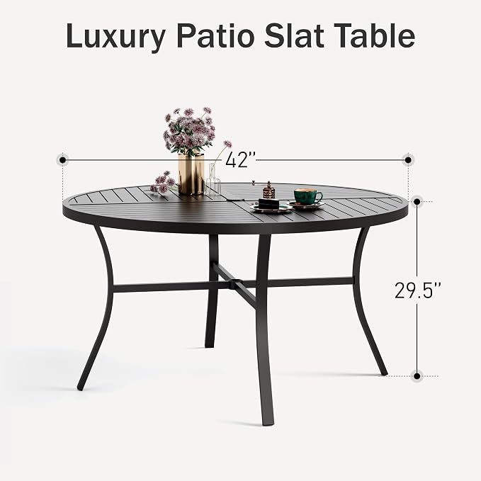 PHI VILLA Outdoor Round Dining Table for 4, 42" Large Metal Wrought Iron Table with Umbrella Hole, All Weather Dining Furniture for Patio, Deck, Yard, Porch - Black - Image 3