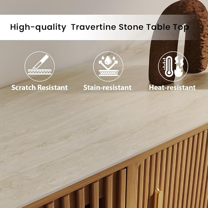POVISON Fully-Assembled Sliding Tambour Door TV Stand, Mid Century Modern Sintered Stone TV Console, Wood Media Console for 70 Inch TV, Entertainment Center with Storage Cabinet(Walnut, 70.87") - Image 6