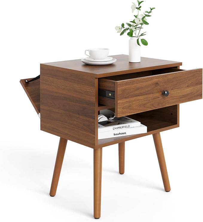 Hidden Compartment Nightstands, Mid Century Modern Concealment Furniture, Bedside Table with Wood Legs, End Table with Storage Drawer for Bedroom (1,Walnut) by Mazefur