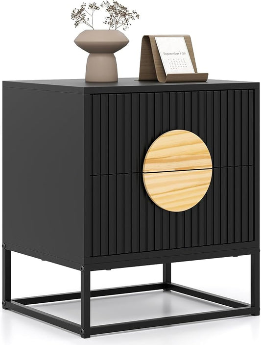 Giantex Fluted Nightstand with 2 Drawers, Black Wood Bedside Table with Natural Circle Handle & Metal Frame, Minimalist Accent End Table, Mid Century Modern Night Stand for Bedroom by Giantex