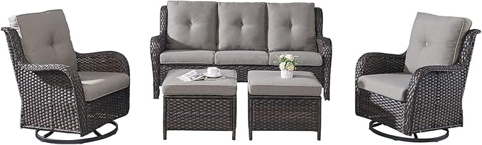 Rilyson Wicker Patio Furniture Set - 5 Piece Rattan Outdoor Sectional Conversation Sets with 2 Rocking Swivel Chairs,2 Ottomans and 1 Sofa for Porch Deck Garden(Brown/Grey)