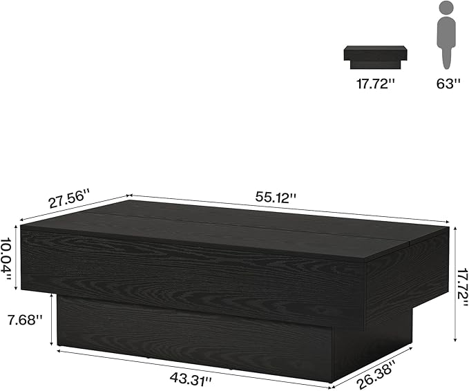 Tribesigns Modern Black Coffee Table, 55-Inch Rectangle Wooden Tea Table, Large Center Table for Living Room, Reception Room