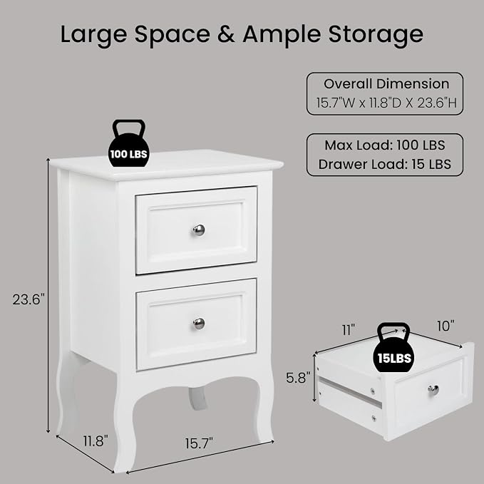 Karl home White Nightstand Set of 2. Farmhouse End Side Table Set of 2 Bedside Nightstands Chest with Drawers Small Night Stand with 2 Drawer and Solid Wood Legs for Bedroom - Image 3