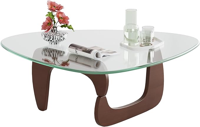 WLIVE Coffee Table, Small Glass Coffee Table with Solid Wood Legs, 36" Mid Century Triangle Living Room Tables, Modern Center Table for Living Room, Reception, Office, Espresso