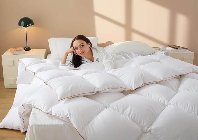 Down Comforter King Size – All Season Medium Weight Fluffy White Duvet Insert, Warm Feather Bedding, Soft 100% Cotton Cover, 90x106 Inch