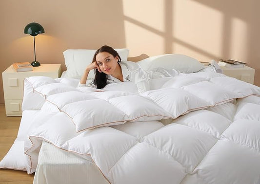 Down Comforter King Size – All Season Medium Weight Fluffy White Duvet Insert, Warm Feather Bedding, Soft 100% Cotton Cover, 90x106 Inch