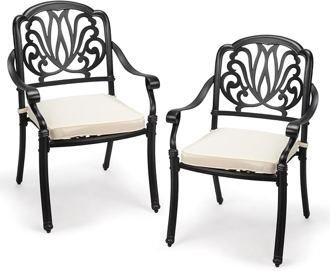 VINGLI Patio Chairs Set of 2 - Stackable Outdoor Cast Aluminum Dining Chairs with Vintage Black Finish and Floral Pattern, Metal Armchairs for Poolside, Backyard, Balcony (with Cushion) by VINGLI