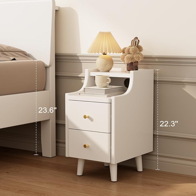 Narrow Nightstand with 2 Drawers,White Nightstand,Bedside Table,Solid Wood Modern Bedside Table for Bedroom,Study,Toilet - Image 6
