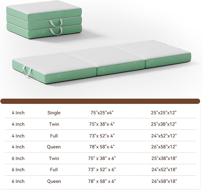 ROXGOX Memory Foam Trifold Mattress, Single Portable Floor Bed 4 Inch, Foldable Mat with Washable Cover, Handle & Non-Slip Bottom, for RV, Travel, Camping, Yoga, 75"x25"x4", White Green