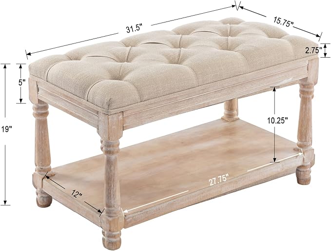 Farmhouse Storage Bench Wooden Entryway Linen Upholstered Ottoman Button Tufted Bench for Bedroom End of Bed Hallway Organizer, Beige, 32 Inch - Image 2