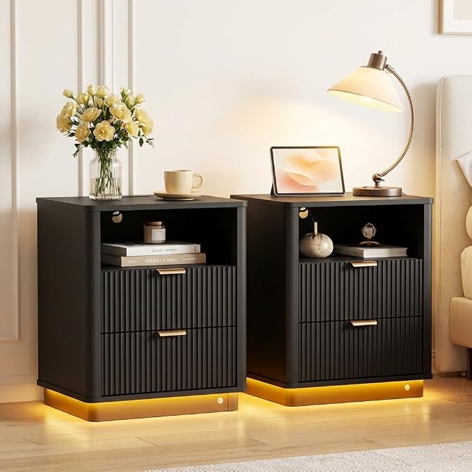 Fluted Night Stand Set of 2, Curved Nightstands with Charging Station Lighting, Wood End Table with 2 Drawers, Modern Side Table Storage Cabinet for Bedroom Office,(2, Black) by BONITURE