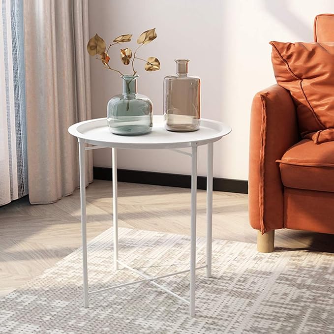 VECELO Side/End Table, Folding Round Metal Anti-Rust and Waterproof Outdoor or Indoor Tray for Living Room Bedroom Balcony and Office, 2 PCS, Beige - Image 6