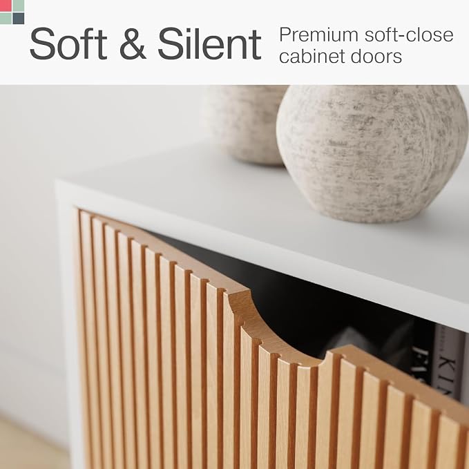 Stead Fluted TV Stand - Media Console & Console Table with Cord Management - Soft-Close Doors & Adjustable Shelves Storage Cabinet - Living Room Entertainment Center - 70-Inch White & Oak - Image 5