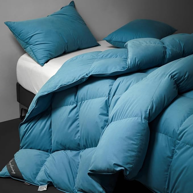 Royoliving Premium Feathers Down Duvet Insert Comforter Twin Size Heavyweight Thickened Winter Turquoise 100% Cotton Cover with Corner Tabs (68x90, 45 oz)