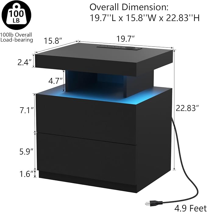 HOMMPA LED Nightstand with Wireless Charging Station & USB Ports High Gloss Bedside Table with LED Light RGB Adjustable Brightness Smart Nightstand 2 Drawers Night Stand for Bedroom Black - Image 2