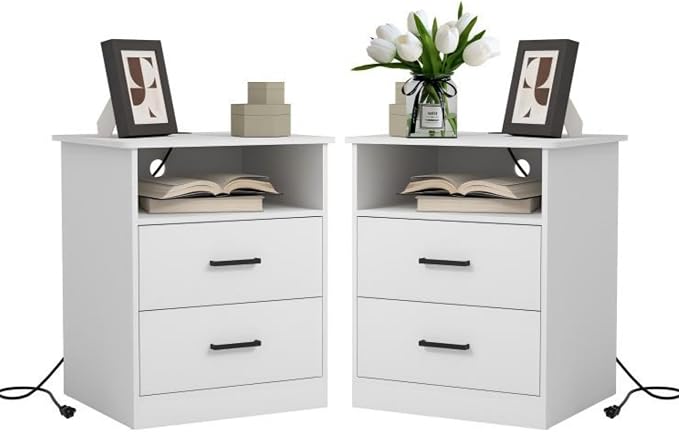Night Stand Set 2 with Charger Station, Modern Nightstand with USB Type-C Ports and AC Outlets, Large Bedside Table with 2 Drawers and Open Storage, Wooden End Table for Bedroom, White by VibeDine