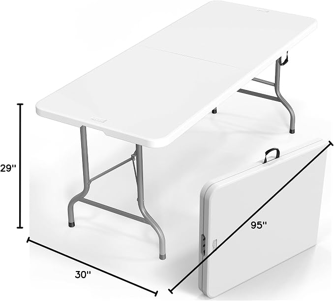 VINGLI 8 Foot Plastic Folding Table Portable Long Table for Indoor Outdoor Use Rectangular with Carrying Handle，White - Image 3