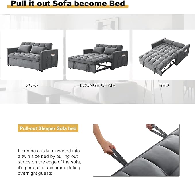 3 in 1 Convertible Sofa Bed, Love Seat Sleeper Bed with Side Pockets, Velvet Fabric Pull Out Couch with Adjustable Backrest for Living Room, Bedroom, Apartment, Dark Gray