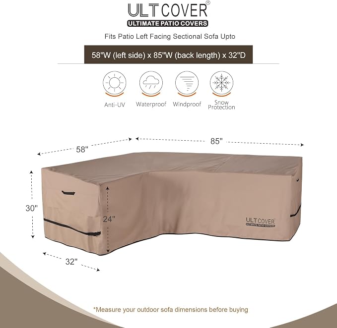 ULTCOVER Waterproof Patio L-Shaped Left Facing Sofa Cover for 4-Seater Outdoor Sectional Furniture Couch 58”W (Left Side) x 85”W (Back Length) - Image 2