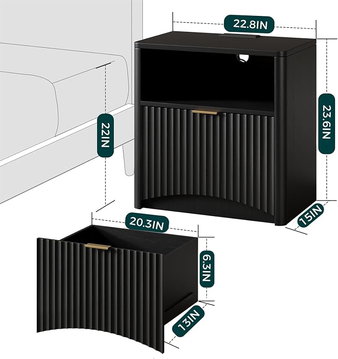 Evermagin Fluted Nightstand Set of 2 with Charging Station, Black Bedside Table with Drawer and Storage, Wood End Table Mid Century Modern, Large Night Stand for Bedroom - Image 2