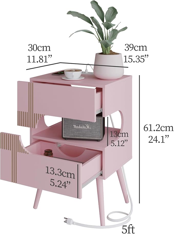 JOONEE White Nightstand with Charging Station and LED Lights,Modern Bedside Table with 2 Storage Drawer,Night Stand with Solid Wood Legs,White (Pink) - Image 3