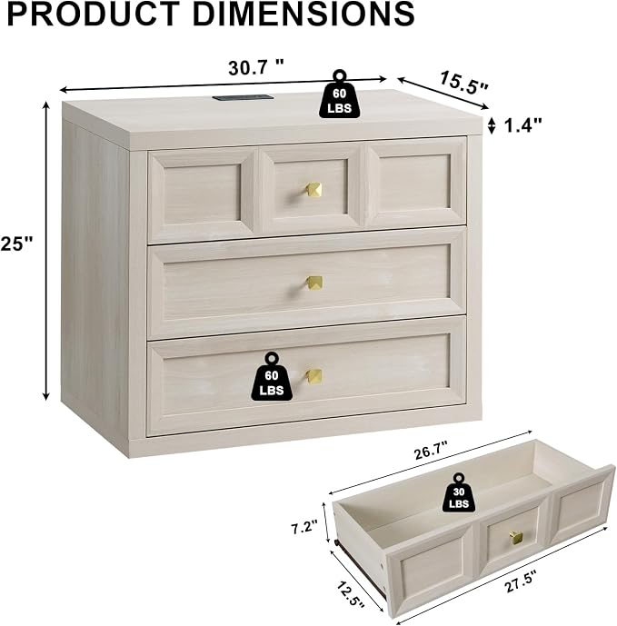 Nightstand Set of 2 W/Charging Station, 30.7" W King Size Bedside Table with 3 Drawers, Accent End Table W/Large Storage, Modern Wood Side Table for Bedroom,Office, Beige - Image 3